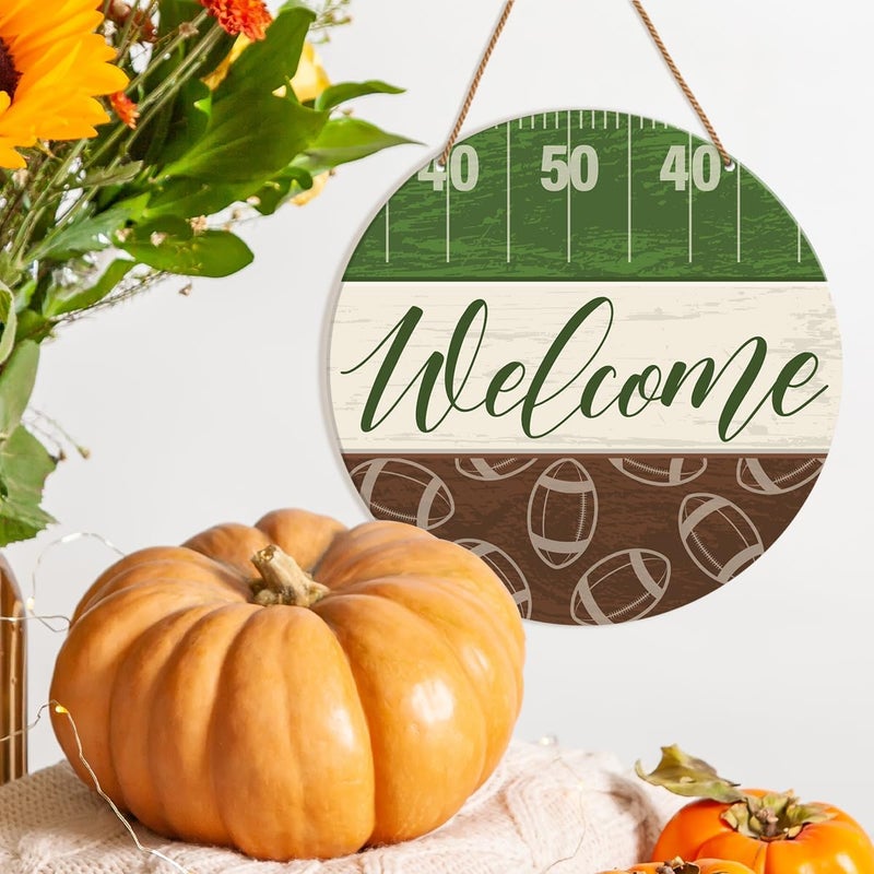 HSNBT Football Welcome Sign Front Door Decor Fall Football Decor for Home Office Boys Bedroom Porch Farmhouse Sport Football Wooden Hanging Sign Wall Decorations, Fall Family Football - Image 4